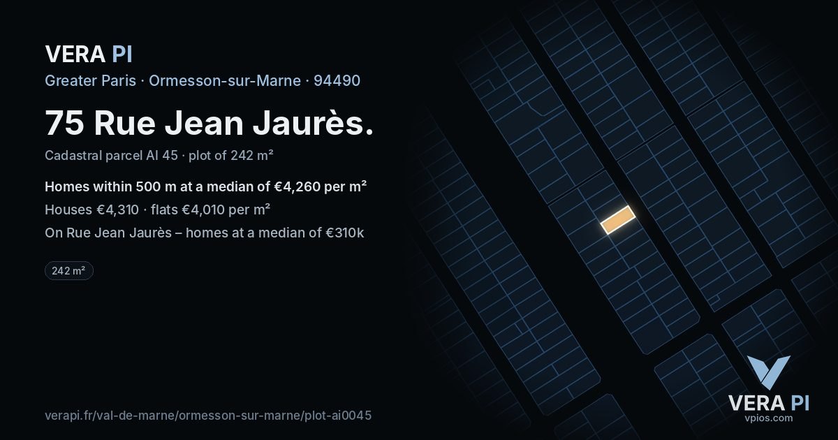 75 Rue Jean Jaurès, Ormesson-sur-Marne at night – the plot lit, the parcels around coloured by the prices near them