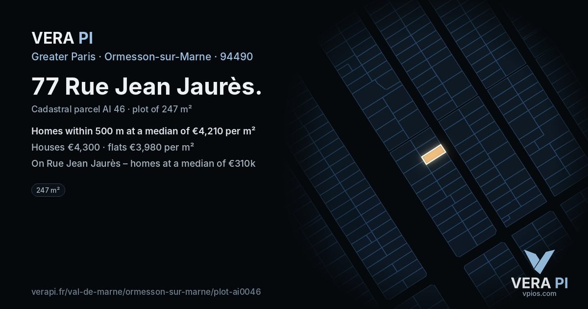 77 Rue Jean Jaurès, Ormesson-sur-Marne at night – the plot lit, the parcels around coloured by the prices near them