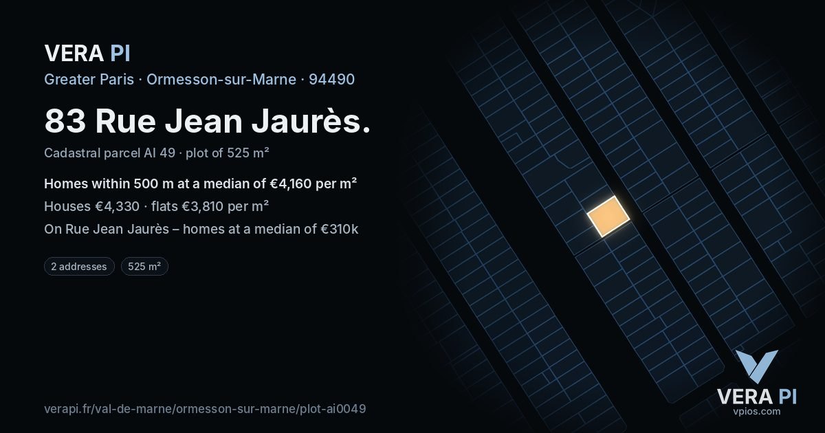 83 Rue Jean Jaurès, Ormesson-sur-Marne at night – the plot lit, the parcels around coloured by the prices near them