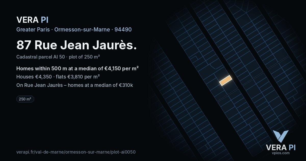 87 Rue Jean Jaurès, Ormesson-sur-Marne at night – the plot lit, the parcels around coloured by the prices near them