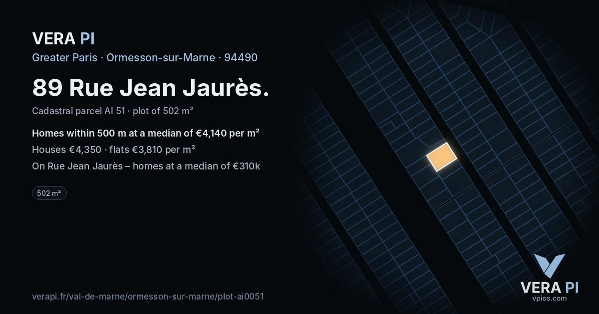 89 Rue Jean Jaurès, Ormesson-sur-Marne at night – the plot lit, the parcels around coloured by the prices near them