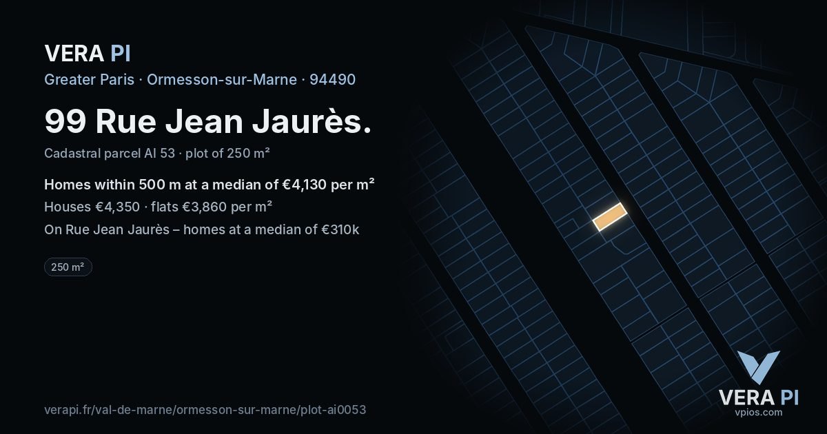 99 Rue Jean Jaurès, Ormesson-sur-Marne at night – the plot lit, the parcels around coloured by the prices near them