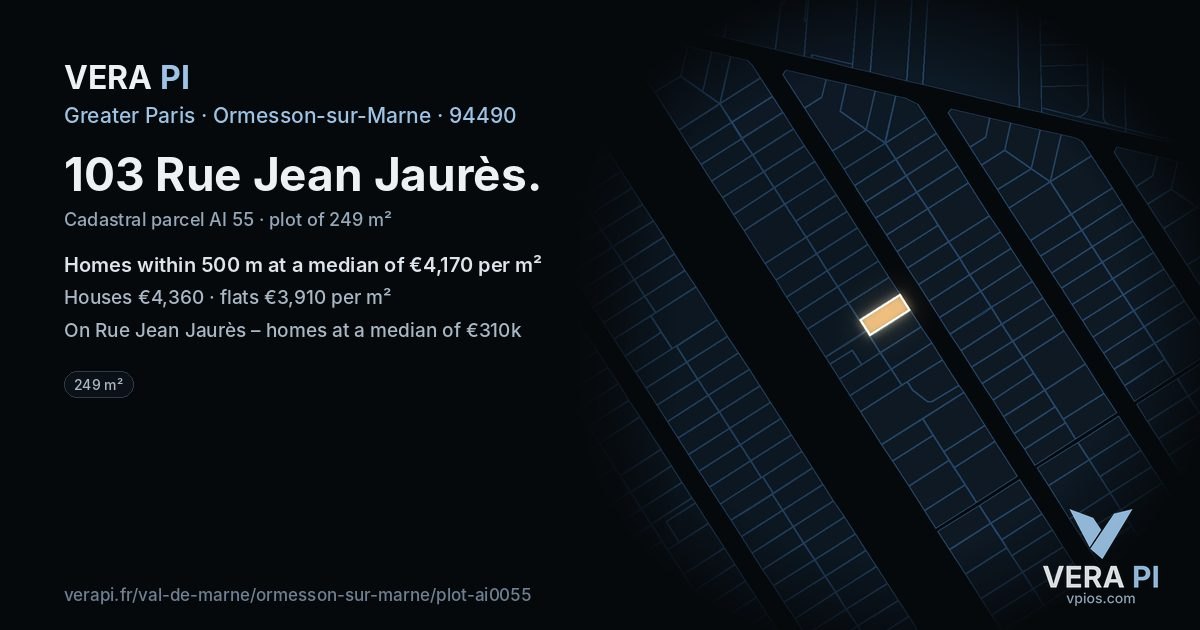 103 Rue Jean Jaurès, Ormesson-sur-Marne at night – the plot lit, the parcels around coloured by the prices near them