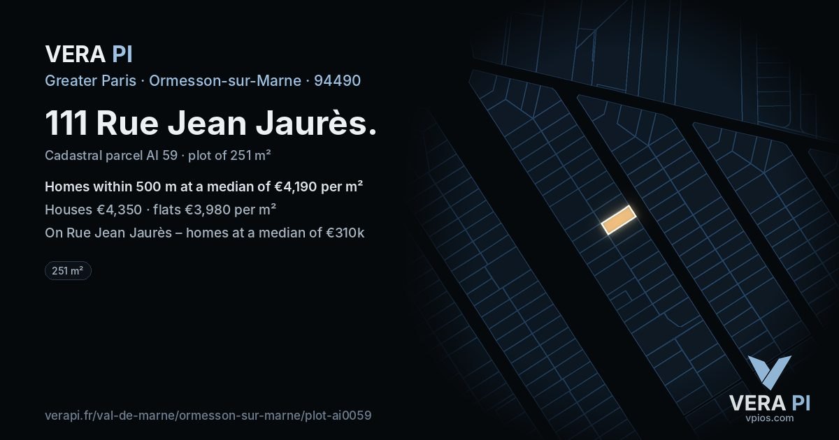 111 Rue Jean Jaurès, Ormesson-sur-Marne at night – the plot lit, the parcels around coloured by the prices near them
