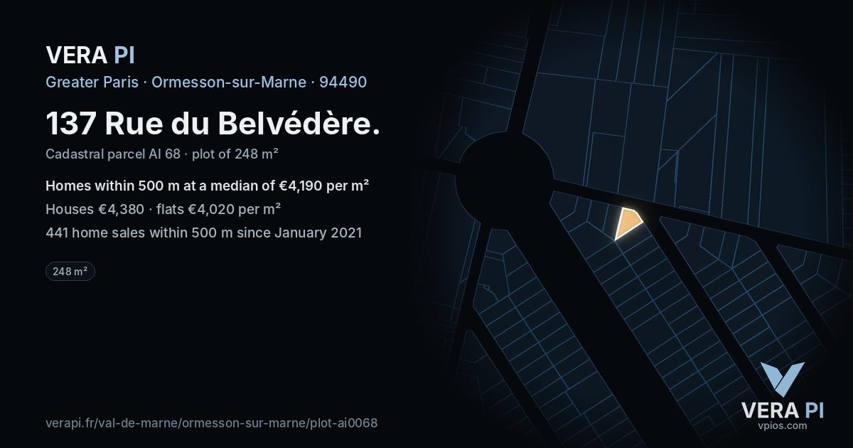 137 Rue du Belvédère, Ormesson-sur-Marne at night – the plot lit, the parcels around coloured by the prices near them