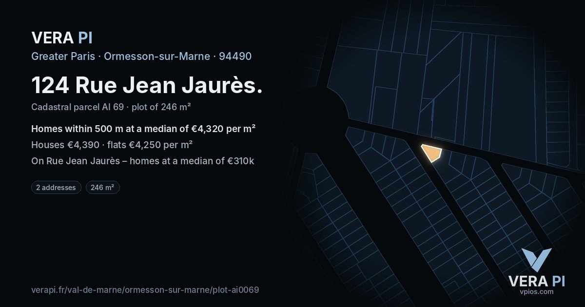 124 Rue Jean Jaurès, Ormesson-sur-Marne at night – the plot lit, the parcels around coloured by the prices near them