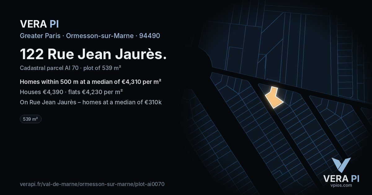 122 Rue Jean Jaurès, Ormesson-sur-Marne at night – the plot lit, the parcels around coloured by the prices near them