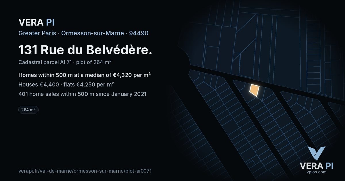 131 Rue du Belvédère, Ormesson-sur-Marne at night – the plot lit, the parcels around coloured by the prices near them
