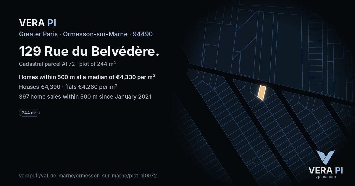 129 Rue du Belvédère, Ormesson-sur-Marne at night – the plot lit, the parcels around coloured by the prices near them