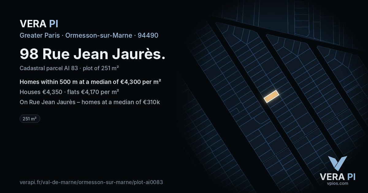 98 Rue Jean Jaurès, Ormesson-sur-Marne at night – the plot lit, the parcels around coloured by the prices near them