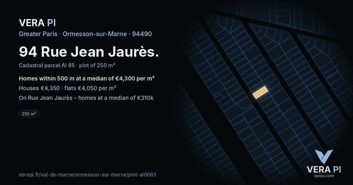 94 Rue Jean Jaurès, Ormesson-sur-Marne at night – the plot lit, the parcels around coloured by the prices near them
