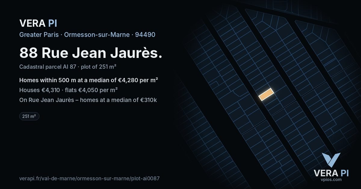 88 Rue Jean Jaurès, Ormesson-sur-Marne at night – the plot lit, the parcels around coloured by the prices near them