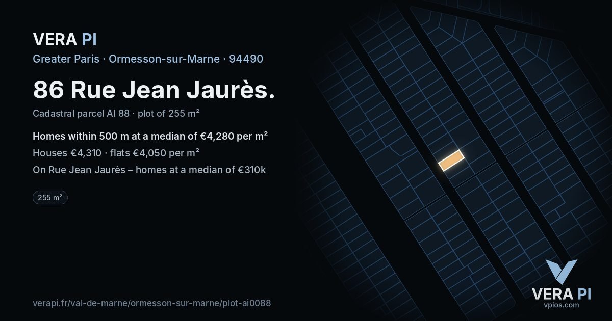 86 Rue Jean Jaurès, Ormesson-sur-Marne at night – the plot lit, the parcels around coloured by the prices near them