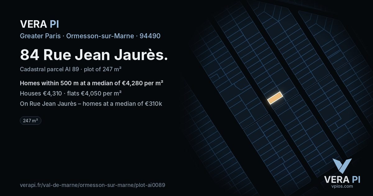 84 Rue Jean Jaurès, Ormesson-sur-Marne at night – the plot lit, the parcels around coloured by the prices near them