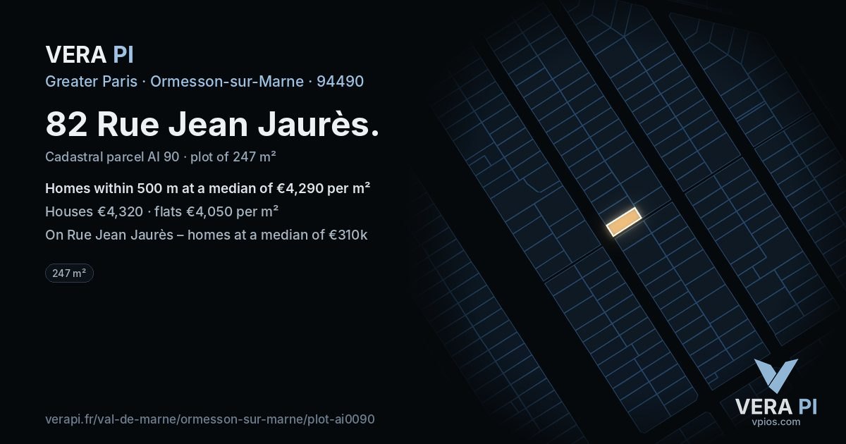 82 Rue Jean Jaurès, Ormesson-sur-Marne at night – the plot lit, the parcels around coloured by the prices near them