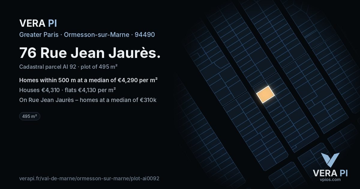 76 Rue Jean Jaurès, Ormesson-sur-Marne at night – the plot lit, the parcels around coloured by the prices near them
