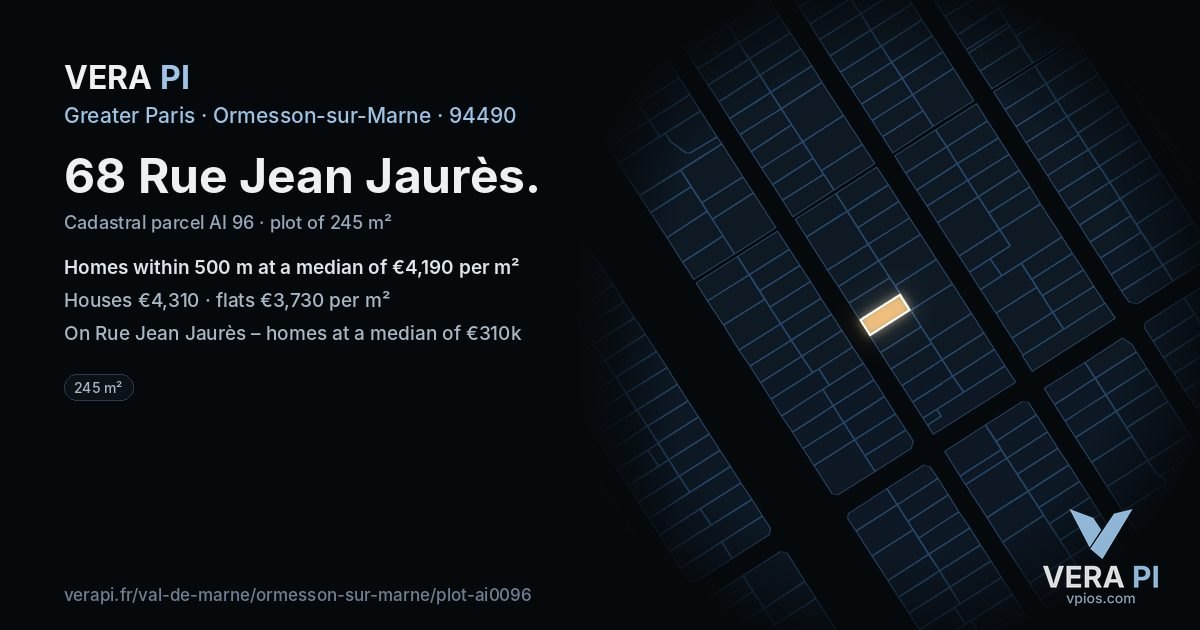 68 Rue Jean Jaurès, Ormesson-sur-Marne at night – the plot lit, the parcels around coloured by the prices near them