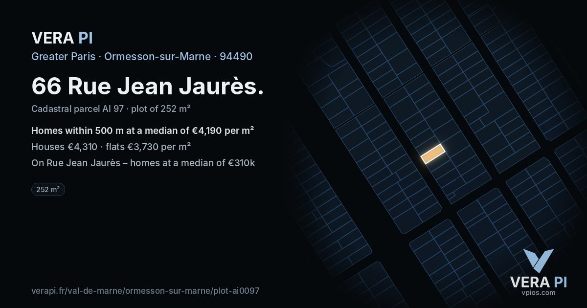66 Rue Jean Jaurès, Ormesson-sur-Marne at night – the plot lit, the parcels around coloured by the prices near them