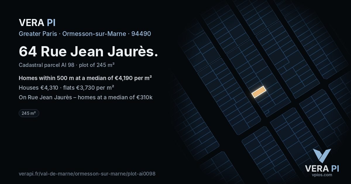 64 Rue Jean Jaurès, Ormesson-sur-Marne at night – the plot lit, the parcels around coloured by the prices near them