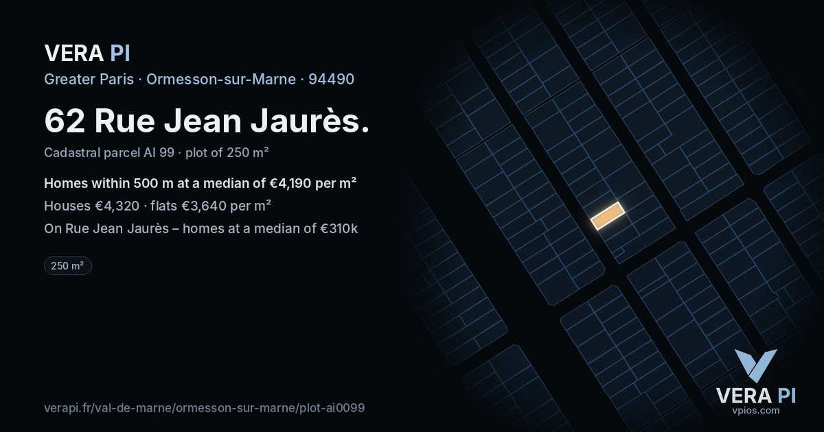 62 Rue Jean Jaurès, Ormesson-sur-Marne at night – the plot lit, the parcels around coloured by the prices near them