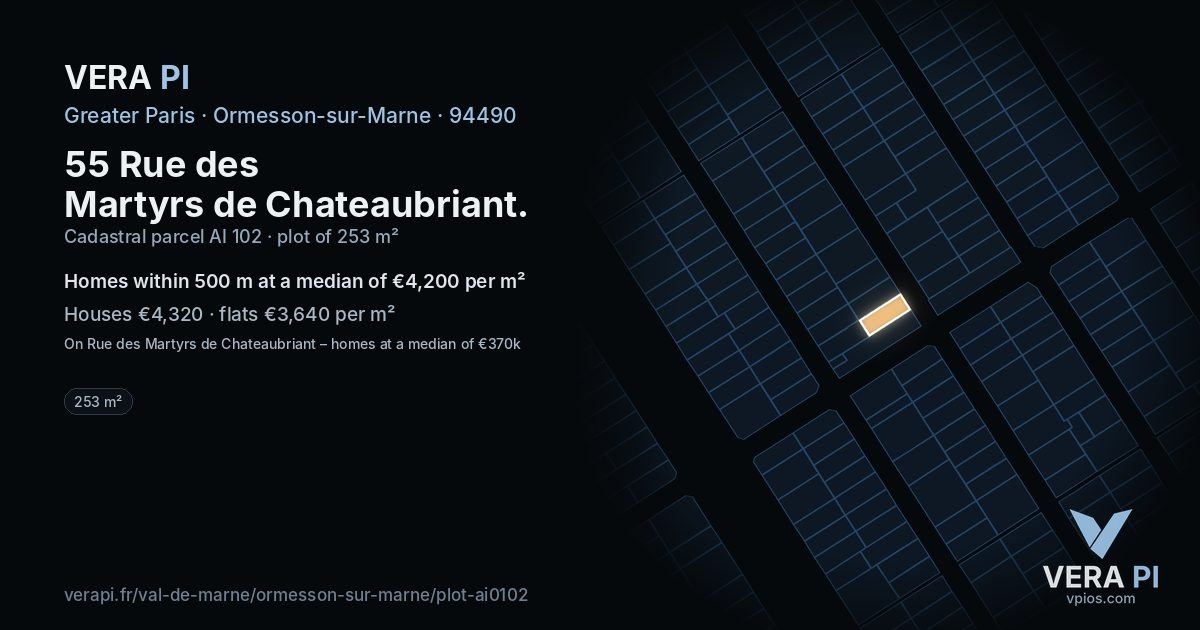 55 Rue des Martyrs de Chateaubriant, Ormesson-sur-Marne at night – the plot lit, the parcels around coloured by the prices near them
