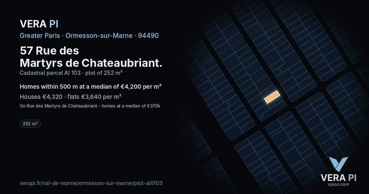 57 Rue des Martyrs de Chateaubriant, Ormesson-sur-Marne at night – the plot lit, the parcels around coloured by the prices near them