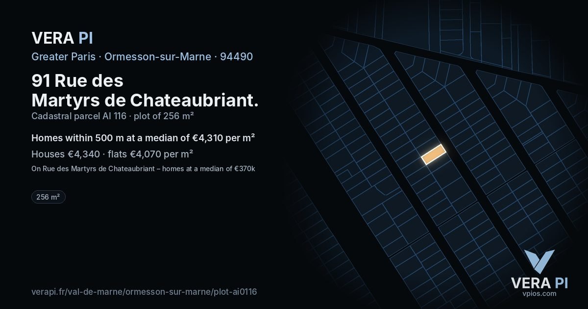91 Rue des Martyrs de Chateaubriant, Ormesson-sur-Marne at night – the plot lit, the parcels around coloured by the prices near them