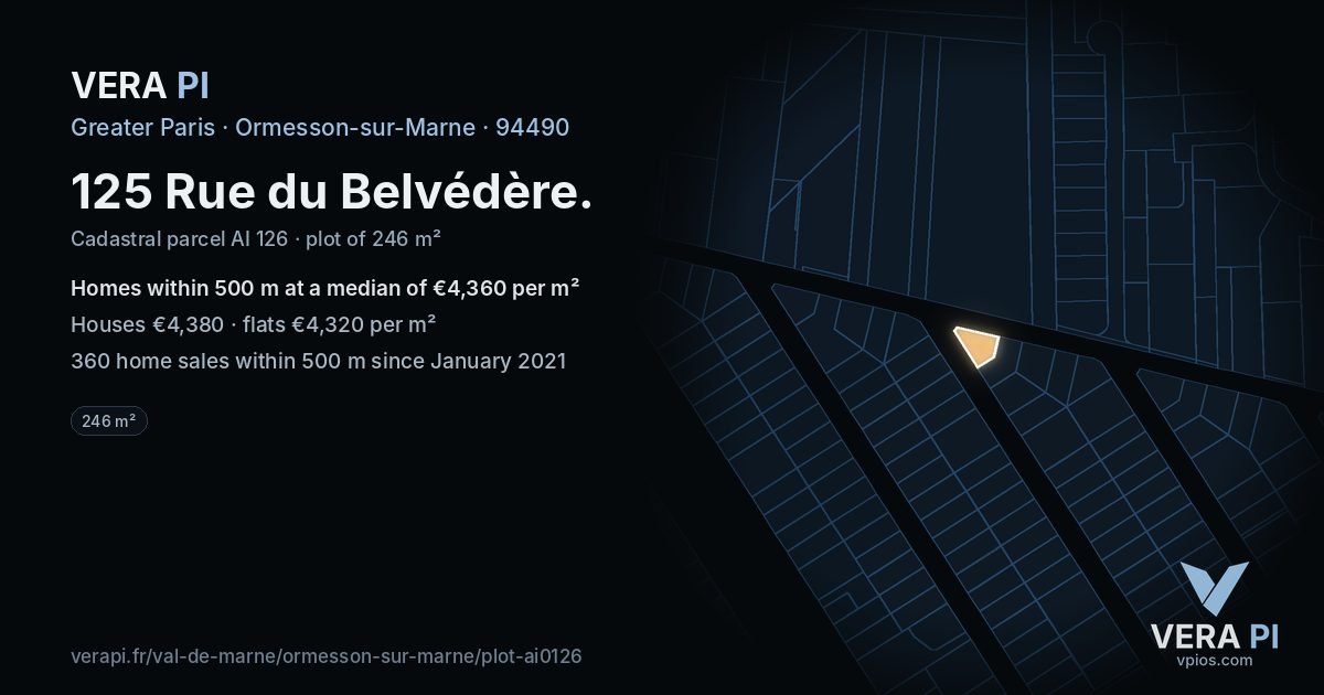 125 Rue du Belvédère, Ormesson-sur-Marne at night – the plot lit, the parcels around coloured by the prices near them
