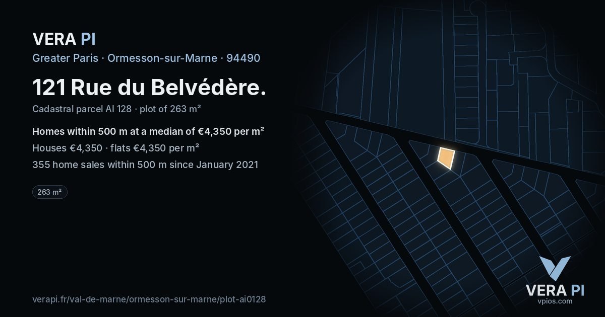 121 Rue du Belvédère, Ormesson-sur-Marne at night – the plot lit, the parcels around coloured by the prices near them