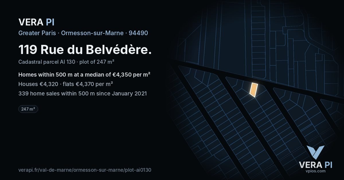 119 Rue du Belvédère, Ormesson-sur-Marne at night – the plot lit, the parcels around coloured by the prices near them