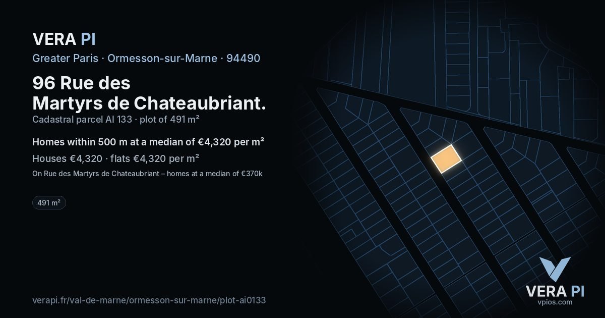 96 Rue des Martyrs de Chateaubriant, Ormesson-sur-Marne at night – the plot lit, the parcels around coloured by the prices near them