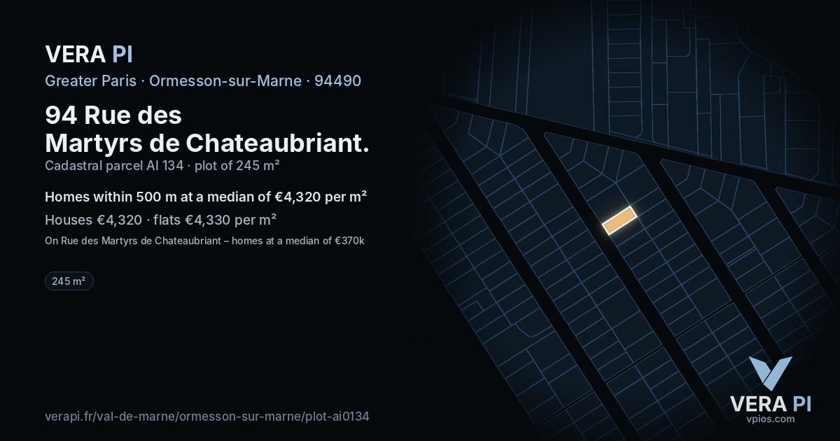 94 Rue des Martyrs de Chateaubriant, Ormesson-sur-Marne at night – the plot lit, the parcels around coloured by the prices near them
