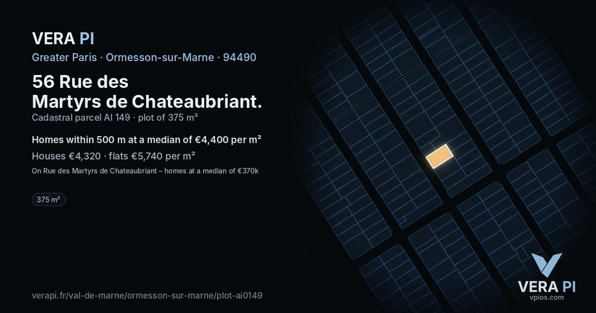 56 Rue des Martyrs de Chateaubriant, Ormesson-sur-Marne at night – the plot lit, the parcels around coloured by the prices near them