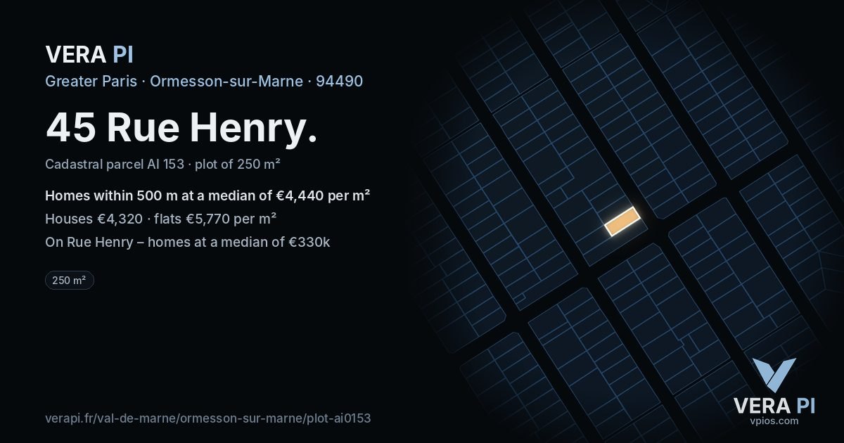 45 Rue Henry, Ormesson-sur-Marne at night – the plot lit, the parcels around coloured by the prices near them