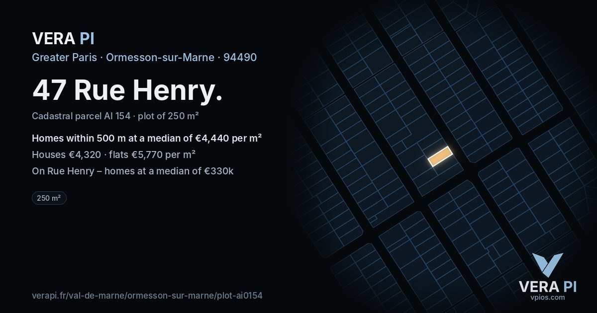 47 Rue Henry, Ormesson-sur-Marne at night – the plot lit, the parcels around coloured by the prices near them