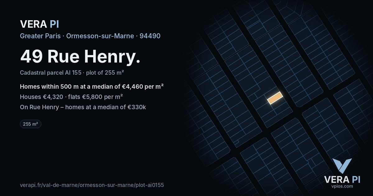 49 Rue Henry, Ormesson-sur-Marne at night – the plot lit, the parcels around coloured by the prices near them