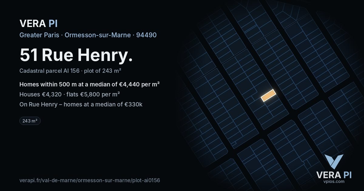 51 Rue Henry, Ormesson-sur-Marne at night – the plot lit, the parcels around coloured by the prices near them