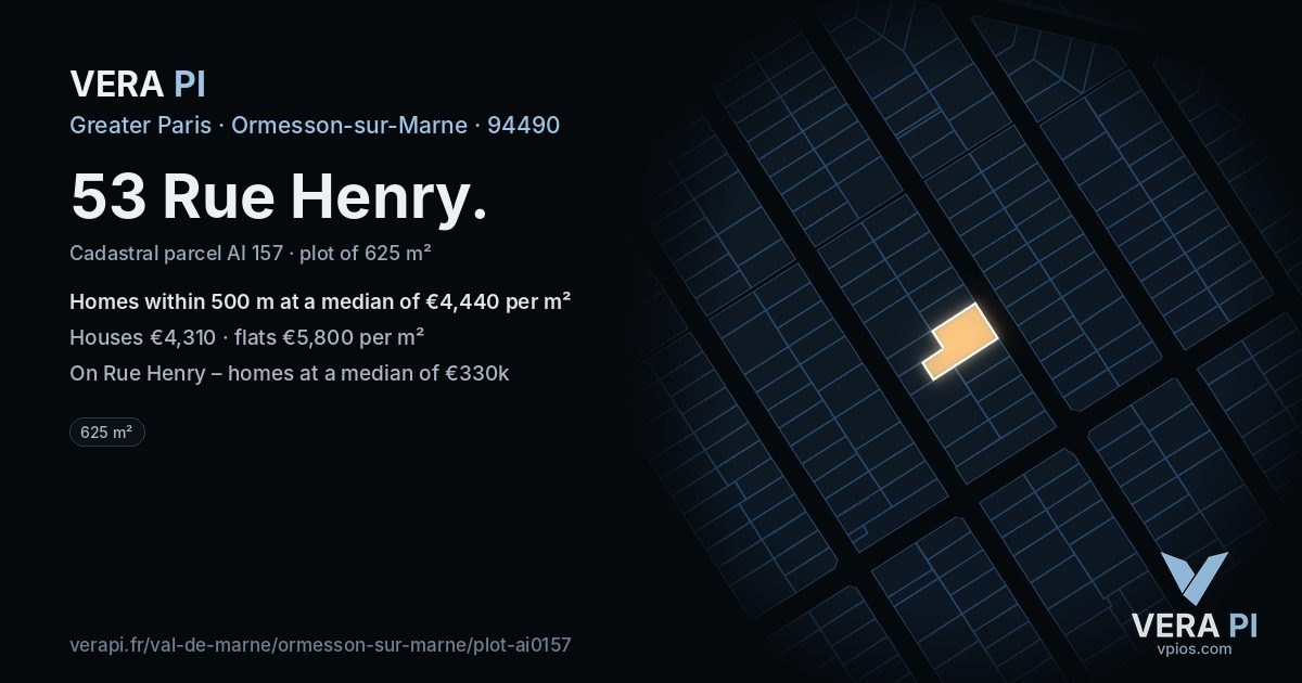 53 Rue Henry, Ormesson-sur-Marne at night – the plot lit, the parcels around coloured by the prices near them