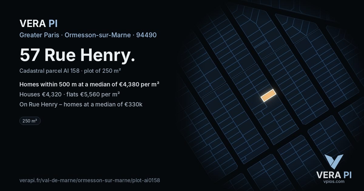 57 Rue Henry, Ormesson-sur-Marne at night – the plot lit, the parcels around coloured by the prices near them