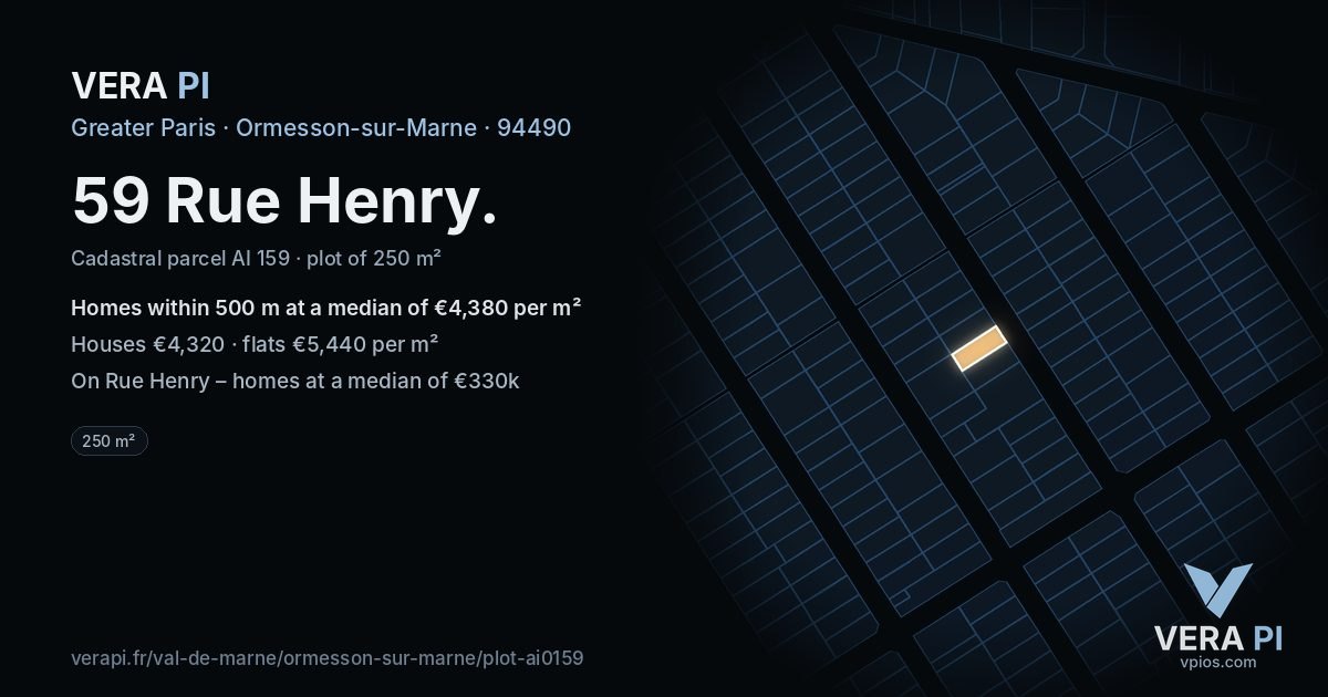 59 Rue Henry, Ormesson-sur-Marne at night – the plot lit, the parcels around coloured by the prices near them