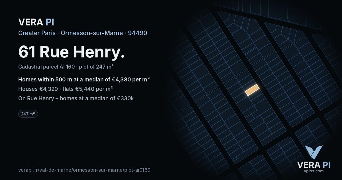61 Rue Henry, Ormesson-sur-Marne at night – the plot lit, the parcels around coloured by the prices near them