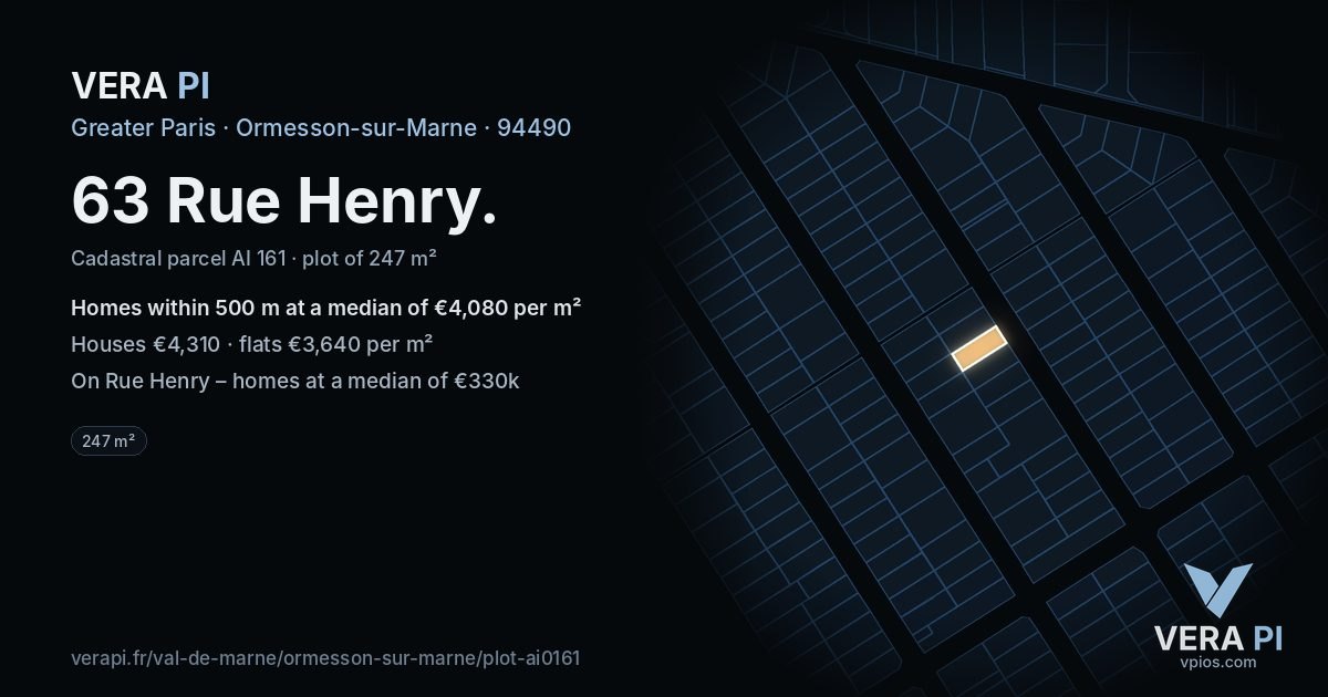 63 Rue Henry, Ormesson-sur-Marne at night – the plot lit, the parcels around coloured by the prices near them