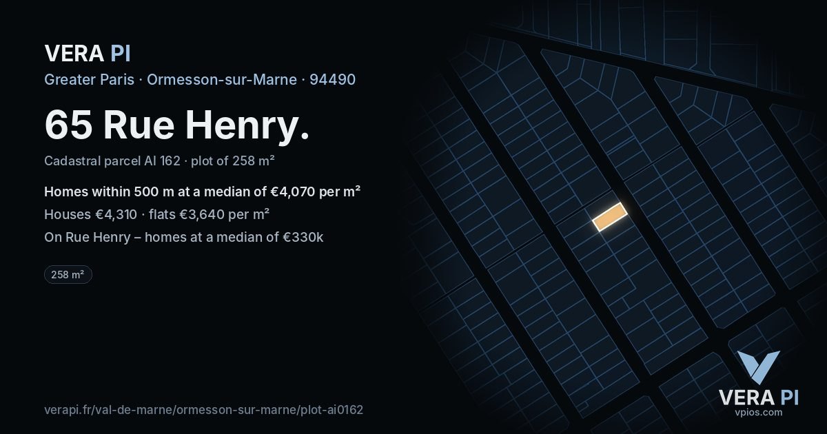 65 Rue Henry, Ormesson-sur-Marne at night – the plot lit, the parcels around coloured by the prices near them