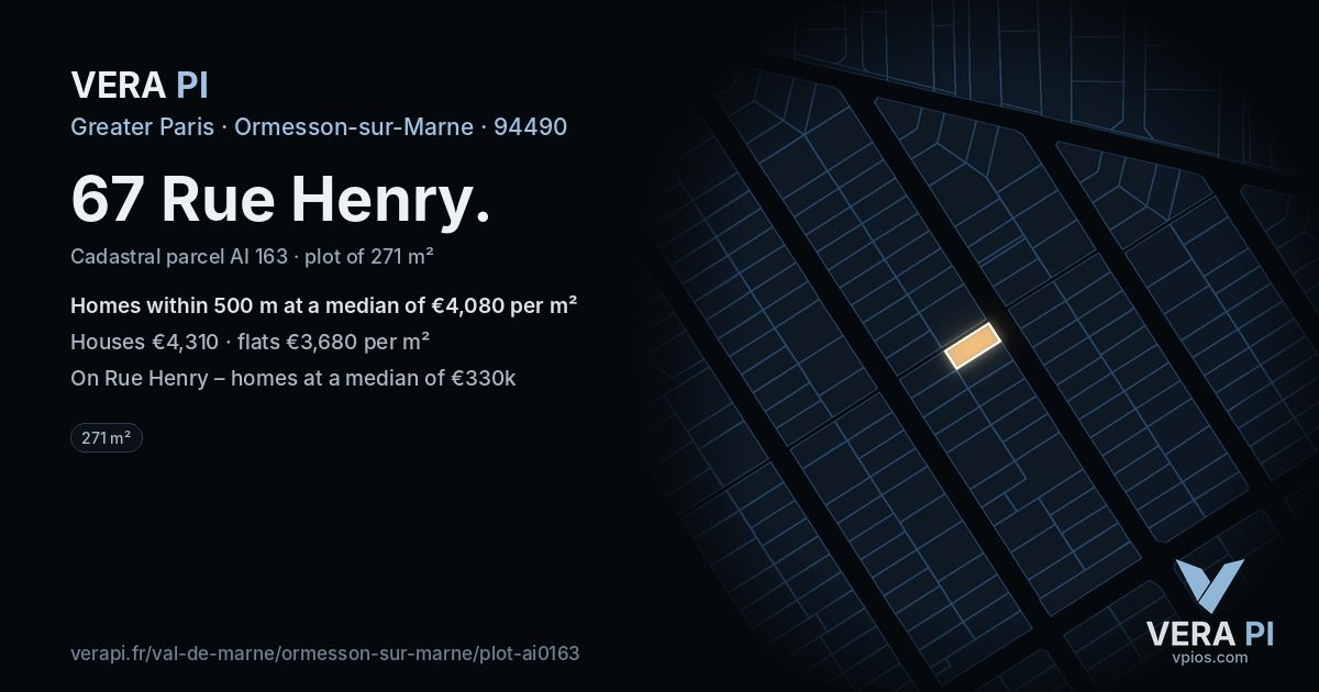 67 Rue Henry, Ormesson-sur-Marne at night – the plot lit, the parcels around coloured by the prices near them