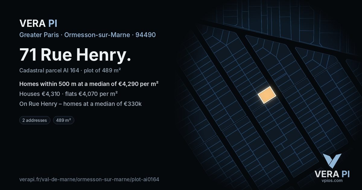 71 Rue Henry, Ormesson-sur-Marne at night – the plot lit, the parcels around coloured by the prices near them