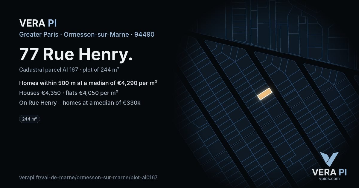 77 Rue Henry, Ormesson-sur-Marne at night – the plot lit, the parcels around coloured by the prices near them