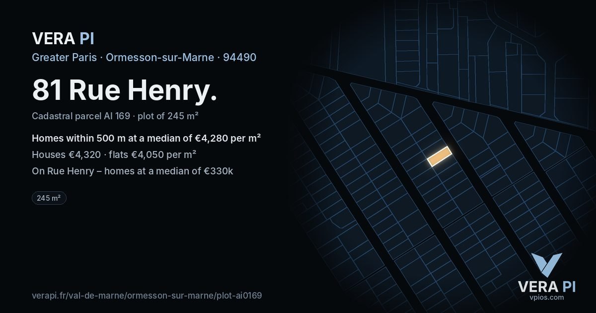 81 Rue Henry, Ormesson-sur-Marne at night – the plot lit, the parcels around coloured by the prices near them