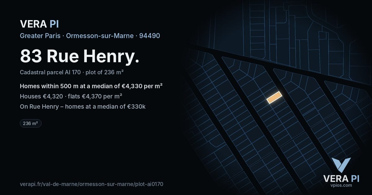83 Rue Henry, Ormesson-sur-Marne at night – the plot lit, the parcels around coloured by the prices near them