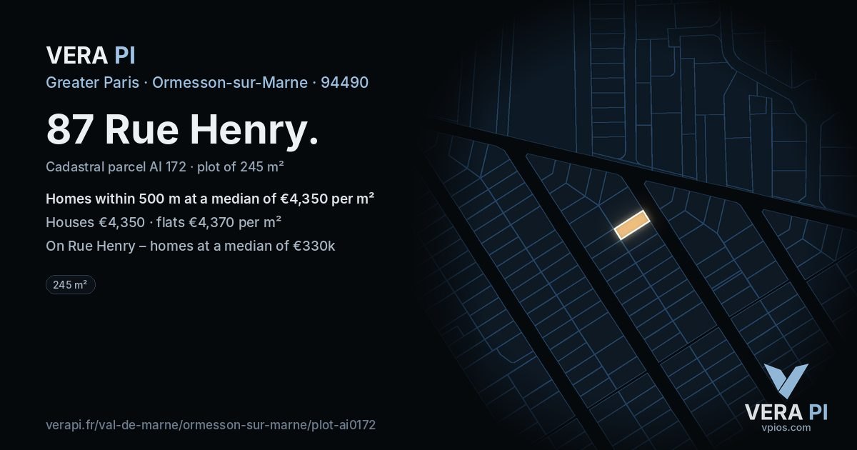 87 Rue Henry, Ormesson-sur-Marne at night – the plot lit, the parcels around coloured by the prices near them