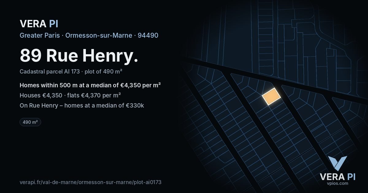89 Rue Henry, Ormesson-sur-Marne at night – the plot lit, the parcels around coloured by the prices near them